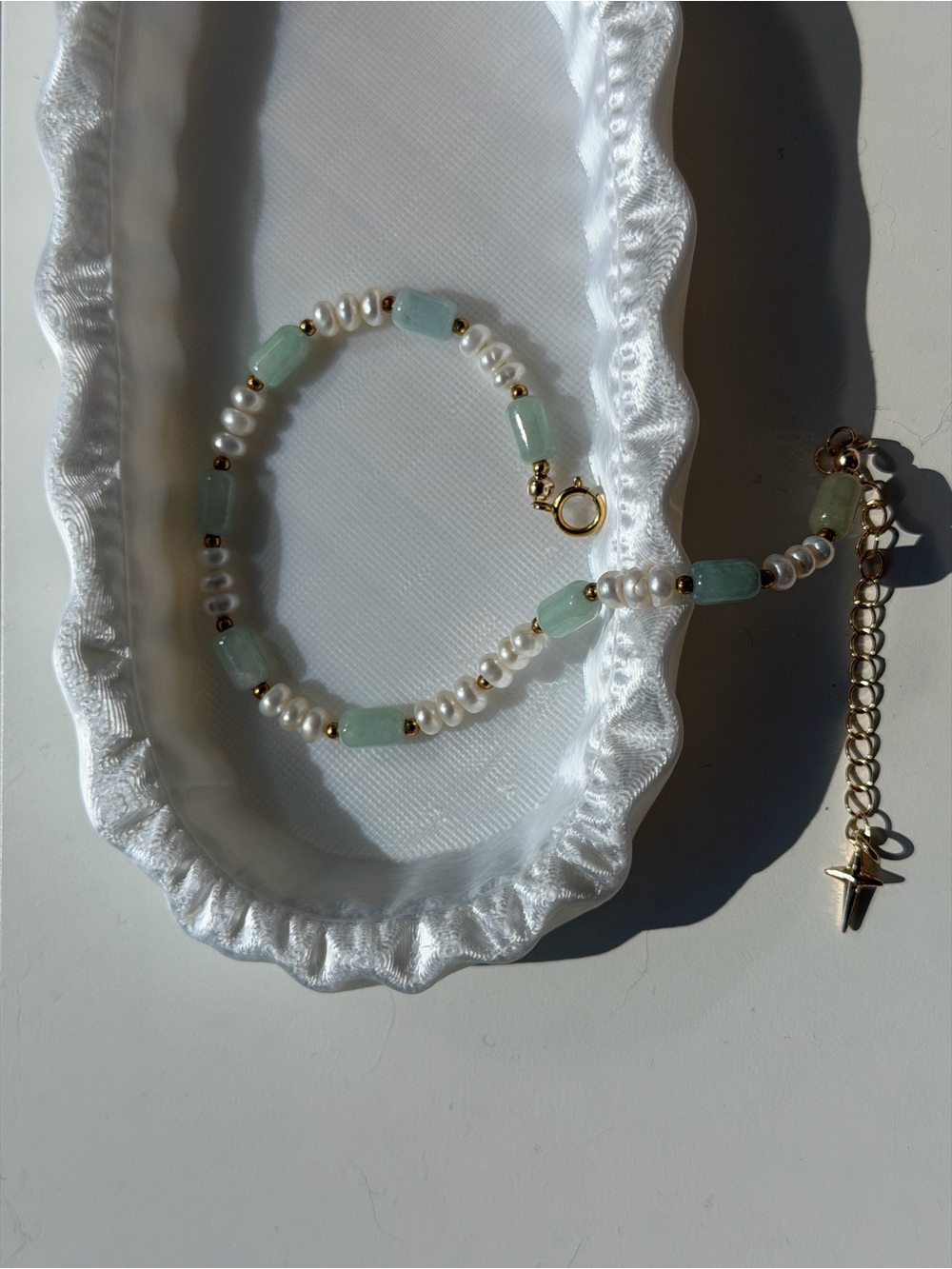 Freshwater Pearl & Light Green Jadeite Bead Bracelet with Cross Charm - Picture 2 of 5